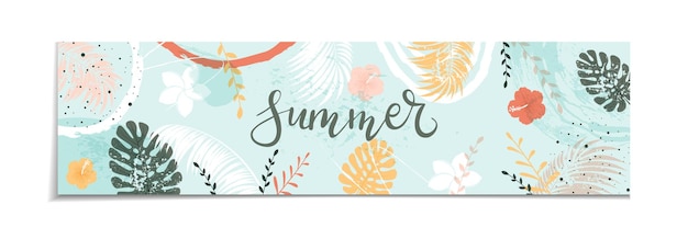 Vector letras de verano sobre fondo azul abstracto banner con grunge de colores deja flores y plantas la ilustración con elementos grunge se puede utilizar para el diseño de vacaciones banners tarjetas de felicitación