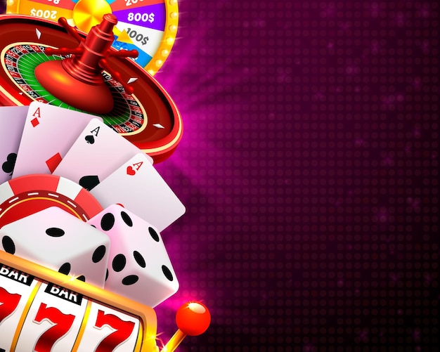 Vector letrero de banner de dados de casino en el fondo. ilustración vectorial