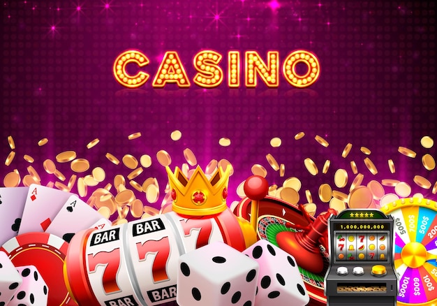 Vector letrero de banner de dados de casino en el fondo. ilustración vectorial