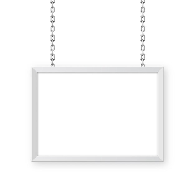 Letrero blanco colgado en una cadena de metal Tablero de menú de restaurante Maqueta de cartel moderno Foto en blanco o marco de imagen Tablero de publicidad o presentación Banner de calle Ilustración vectorial