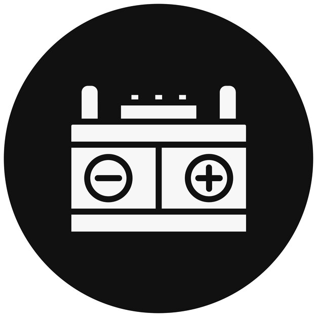un letrero blanco y negro con una batería y un círculo negro con un fondo blanco