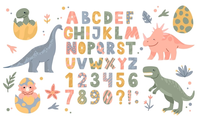 Letrero de dinosaurio Dino alfabeto y número en inglés Animales dibujos animados aislados nursery decorativo adorable arte dibujo infantil letra para tipografía pancarta conjunto de personajes de bebé vectorial