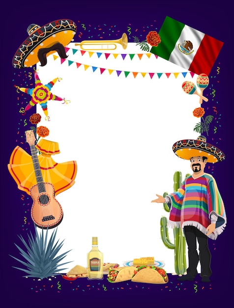 Letrero de fiesta mexicana del Cinco de Mayo con marco de mariachi, sombreros, maracas y guitarra, cactus, piñata, bandera de México y tequila, taco, burrito y nacho. Tarjeta de felicitación viva mexico