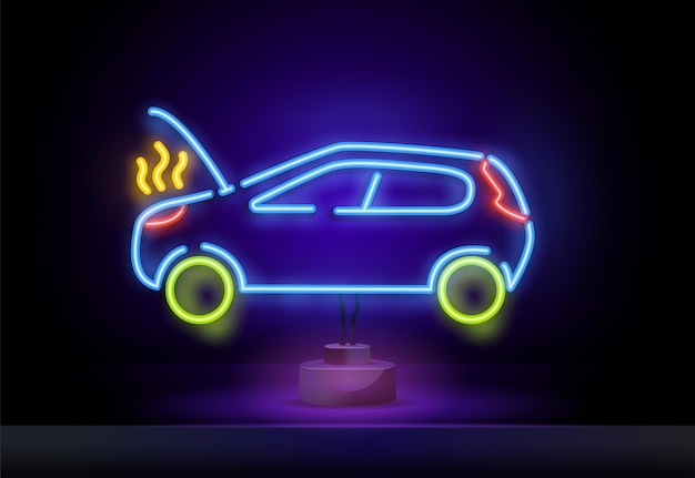 Letrero luminoso de neón de coche roto con ilustración de vector de anuncio brillante de noche de accidente de carretera