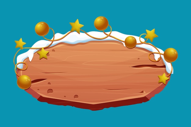 Letrero de madera antiguo con bolas de estrellas de nieve y oro en estilo de dibujos animados