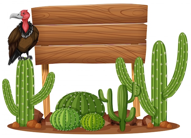 Vector letrero de madera y buitre en el jardín de cactus