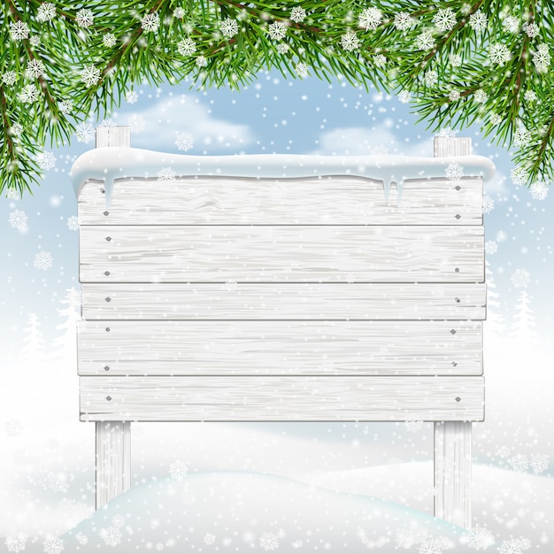 Vector letrero de madera de invierno blanco en la nieve.