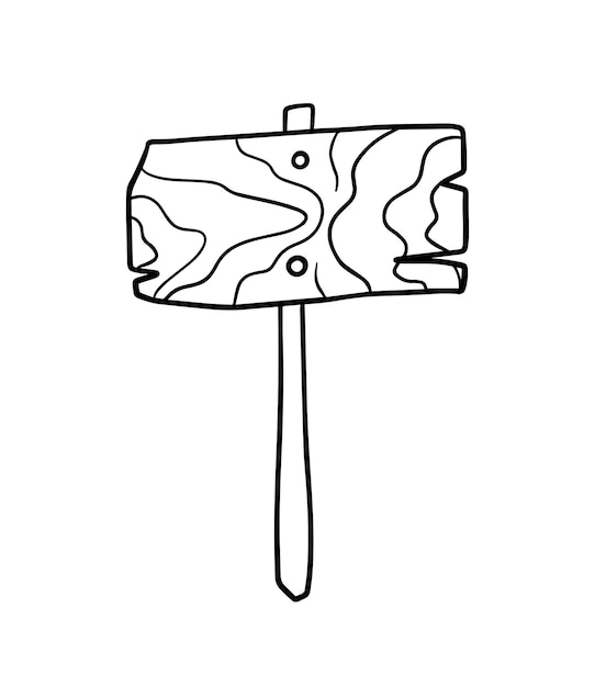 Letrero de madera en un libro de colorear de dibujos animados lineales de garabato de puntero de palo