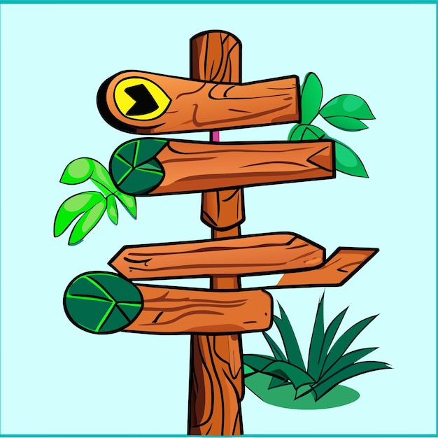 Letrero de madera de la selva con tucán y piedras, hierba verde y vides de liana, bosque tropical de dibujos animados