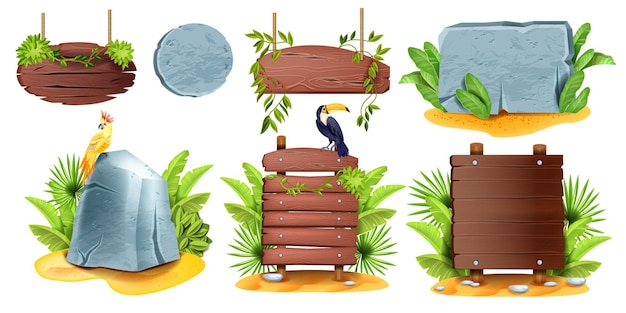 Vector letrero de madera tropical conjunto vector selva piedra marco banner juego ui dibujos animados menú panel loro