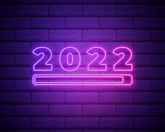 Letrero de neón 2022 feliz año nuevo números de neón rosa realistas en la pared de ladrillo oscuro vector 2022 en estilo lineal de neón