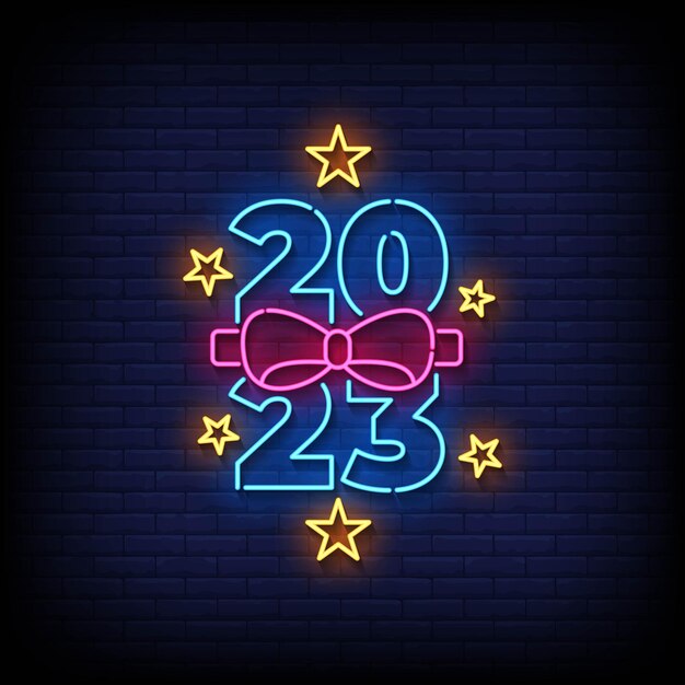Letrero de neón 2023 con vector de fondo de pared de ladrillo