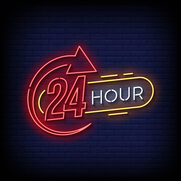 Letrero de neón 24 horas con vector de fondo de pared de ladrillo