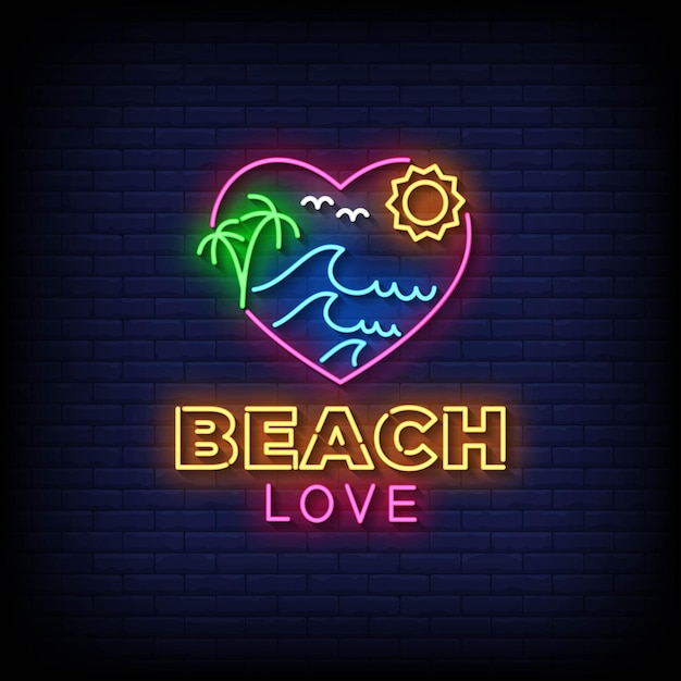 Letrero de neón Amor de playa con vector de fondo de pared de ladrillo