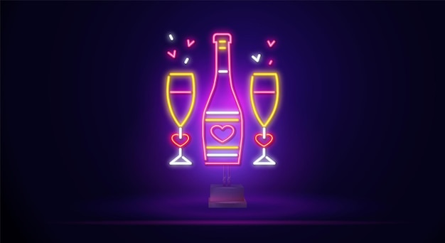 Letrero de neón con una botella de vino y copas. Una botella de vino de neón brillante y copas con corazones. La ilustración vectorial se puede utilizar para el romance, el amor, la cena, las citas