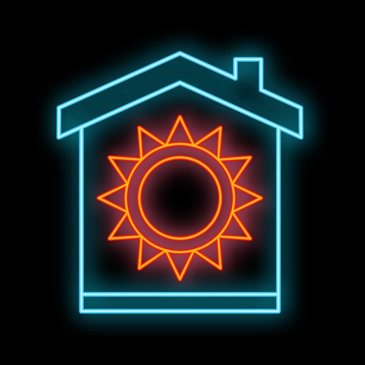 Vector un letrero de neón brillante de una casa con el sol en el interior en una pared de ladrillo