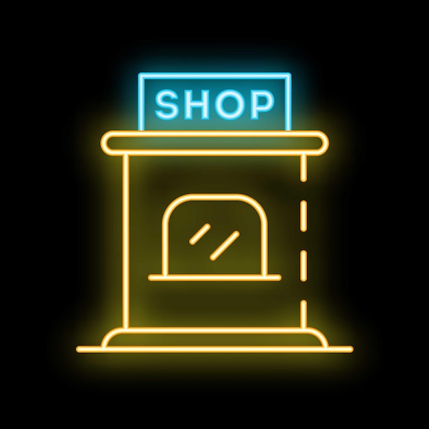 Un letrero de neón brillante que representa la entrada de la tienda sobre un fondo negro