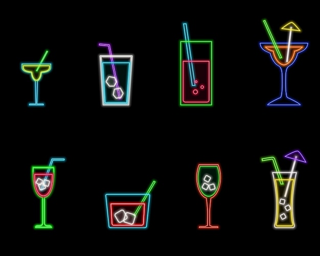 Letrero de neón de cócteles brillantes Letrero luminoso fluorescente con bebidas para fiestas Símbolo de bebida iluminado