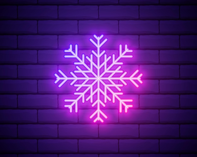 Letrero de neón de copo de nieve Letrero luminoso con decoración de invierno Anuncio brillante de noche Ilustración vectorial en estilo neón para tarjeta de Navidad Año Nuevo isoalada en pared de ladrillo