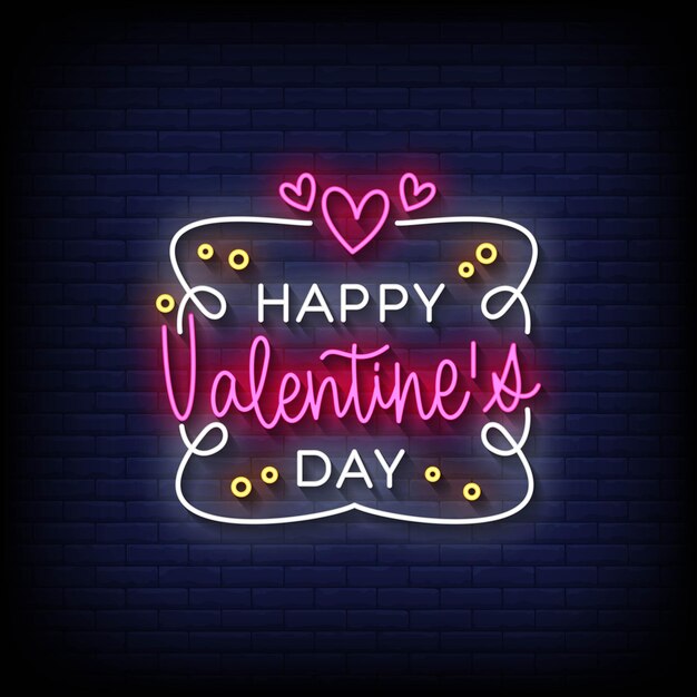Letrero de neón feliz día de san valentín con vector de fondo de pared de ladrillo