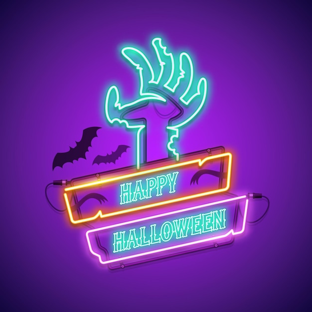 Letrero de neón feliz Halloween con mano de zombi