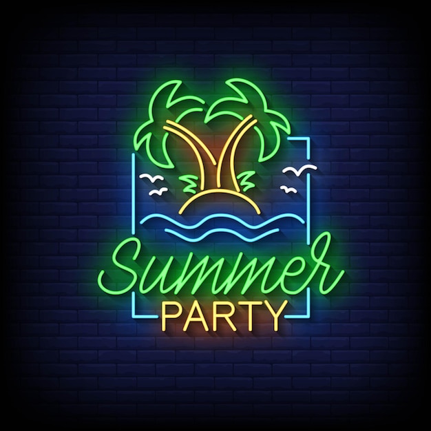 Letrero de neón de fiesta de verano en vector de fondo de pared de ladrillo