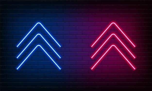 Letrero de neón Flecha arriba azul y rosa sobre fondo de pared de ladrillo Letrero eléctrico vintage Bebida nocturna