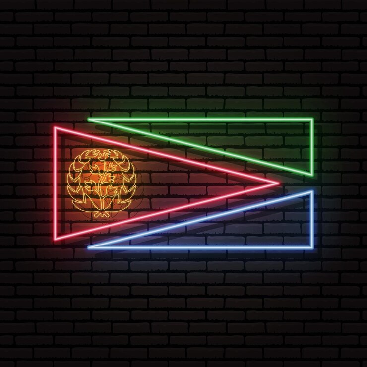 Vector letrero de neón en forma de bandera de eritrea. en el contexto de una pared de ladrillos con una sombra. para el diseño de temas turísticos o patrióticos. el continente africano