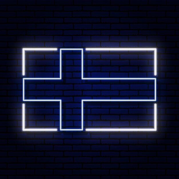 Letrero de neón en forma de bandera de Finlandia. En el contexto de una pared de ladrillos con una sombra. para el diseño de temas turísticos o patrióticos. Colores azul y blanco.