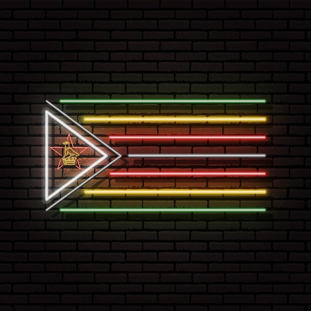 Letrero de neón en forma de bandera de Zimbabwe. En el contexto de una pared de ladrillos con una sombra. Para el diseño de temas turísticos o patrióticos. El continente africano