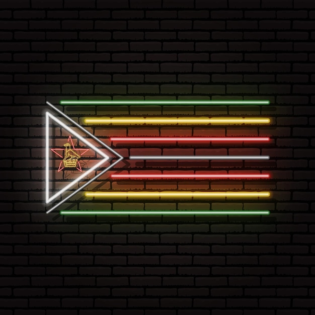 Letrero de neón en forma de bandera de zimbabwe. en el contexto de una pared de ladrillos con una sombra. para el diseño de temas turísticos o patrióticos. el continente africano