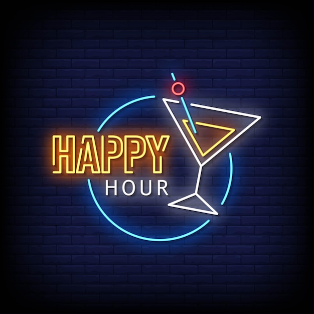Letrero de neón Happy Hour en pared de ladrillo