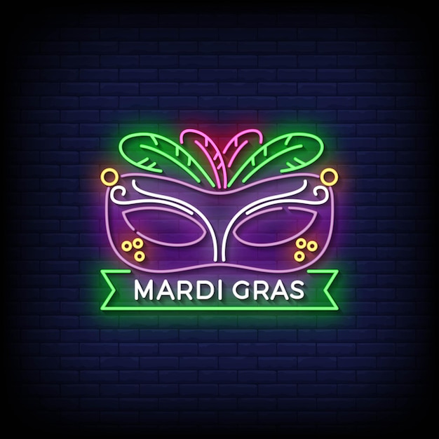 Letrero de neón mardi gras con vector de fondo de pared de ladrillo