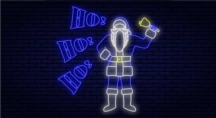 Vector letrero de neón de navidad santa claus en ropa azul sosteniendo una campana en la mano