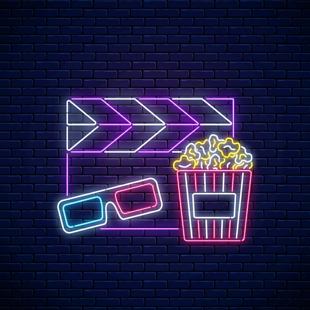 Letrero de neón de la noche de cine. logotipo de neón de tiempo de cine, letrero, banner con palomitas de maíz, gafas 3d y claqueta de cine sobre fondo de pared de ladrillo. ilustración vectorial