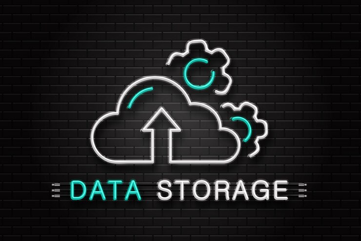 Vector letrero de neón de la nube de datos y ruedas dentadas para la decoración en el fondo de la pared. logotipo de neón realista para almacenamiento de datos. concepto de tecnología y servicios informáticos.