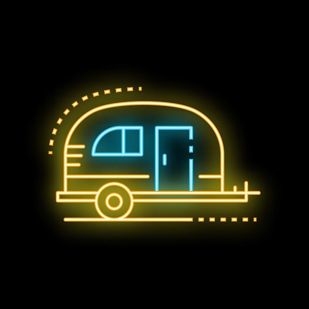 Letrero de neón que muestra un remolque de camper redondeado de época para publicidad de viajes por carretera y turismo