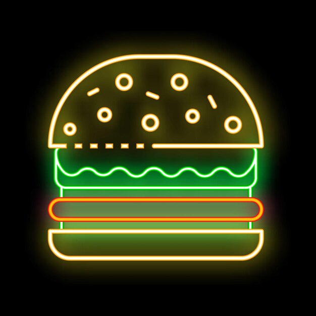 Un letrero de neón que muestra una sabrosa hamburguesa brillando sobre un fondo negro