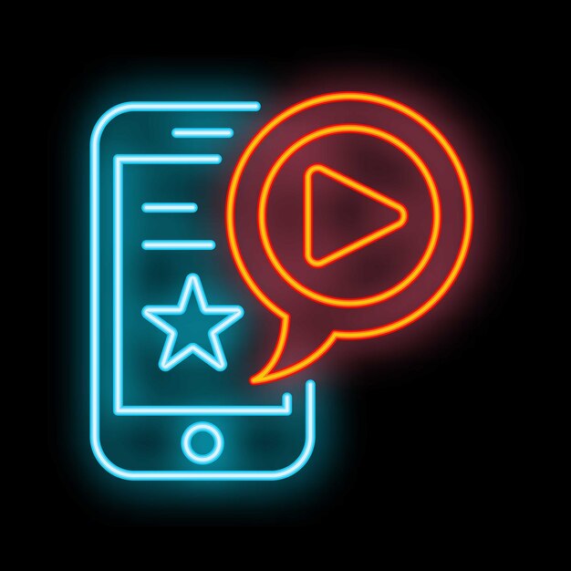 Letrero de neón que muestra un teléfono inteligente que muestra una plataforma de transmisión de video con una calificación de cinco estrellas