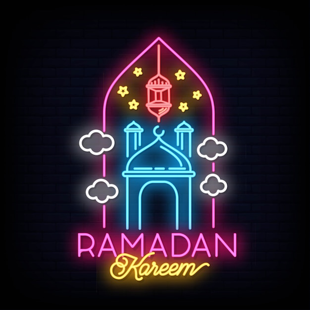 Letrero de neón de Ramadán Kareem con letras y luna creciente y estrellas