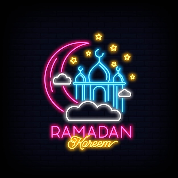 Letrero de neón de Ramadán Kareem con letras y luna creciente y estrellas