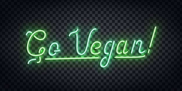 Letrero de neón realista del logotipo de go vegan para decoración y revestimiento en el fondo transparente. concepto de café vegetariano y producto ecológico.