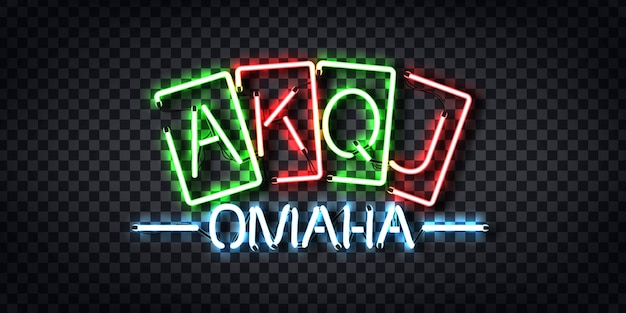 Letrero de neón realista del logotipo de omaha para decoración y revestimiento en el fondo transparente. concepto de reglas de casino y póquer.