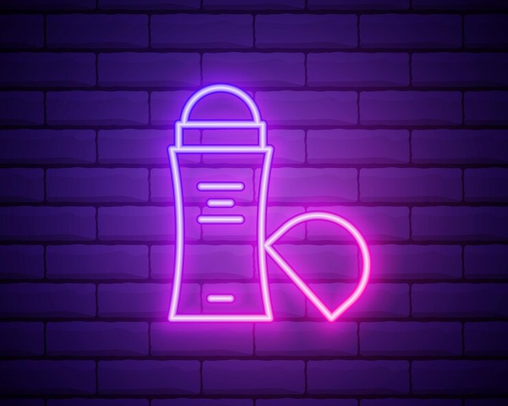Vector letrero de neón rosa lila en la pared de ladrillo icono de vector de desodorante concepto cosmético aislado en el fondo de la pared de ladrillo