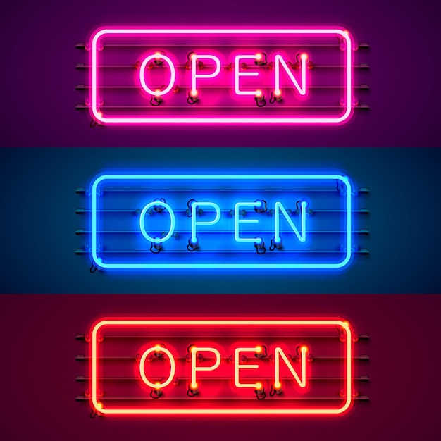 Letrero de neón con texto abierto, la entrada está disponible en un conjunto de colores. Ilustración vectorial