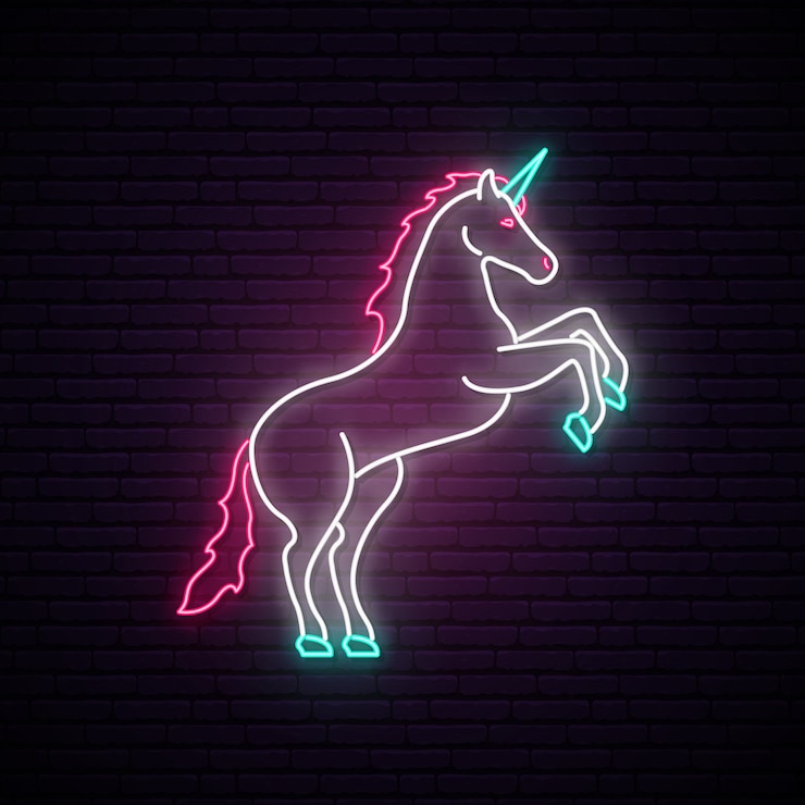 Vector letrero de neón de unicornio.