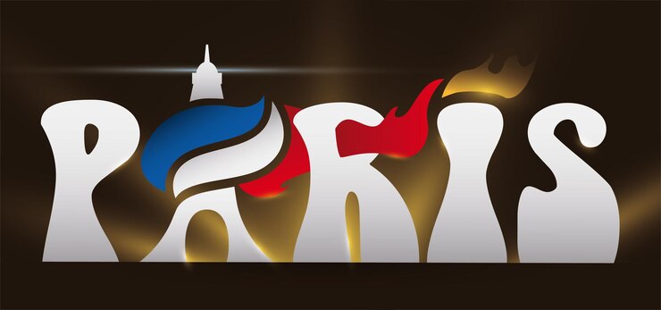 Vector el letrero de parís decorado con la silueta de la llama de la torre eiffel como antorcha y luces en un fondo oscuro