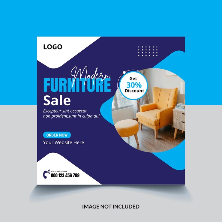 un letrero que dice que la venta de muebles se muestra en un fondo azul