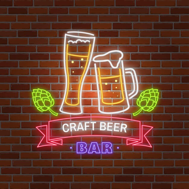 El letrero retro de neón de Beer Bar en el fondo de la pared de ladrillo