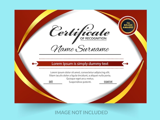 Un letrero rojo y amarillo que dice certificado de oro Blue amp Template de certificado de logro